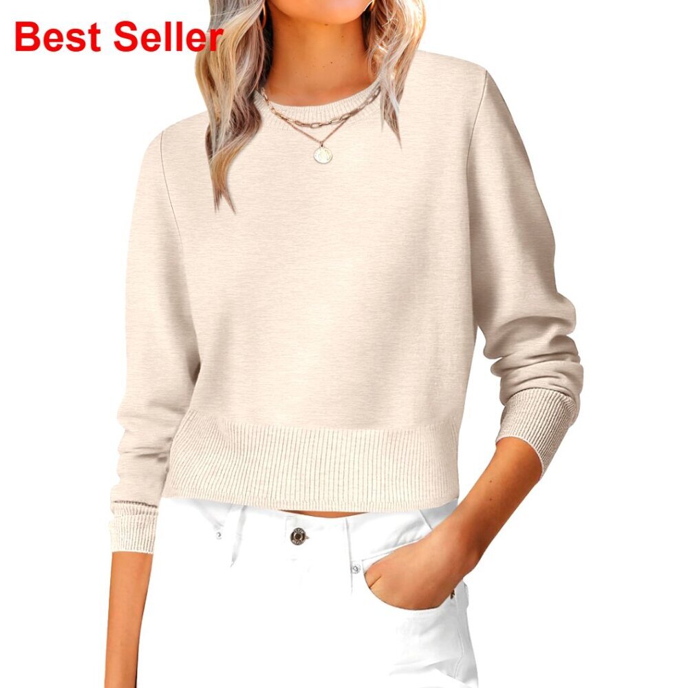 Cropped Ribbed Knit Sweater, Long Sleeve Crew Neck, Lightweight Fall Top